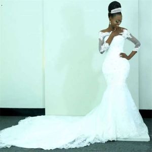 Vintage African Long Sleeve Mermaid Dresses Sheer See Through Lace Wedding With Beaded Crystal Court Train Bridal Gowns