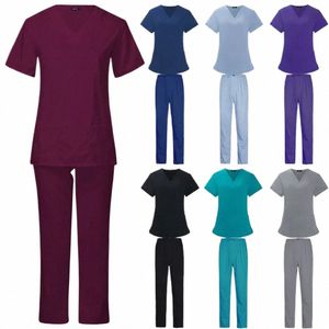 Verão Fina Unisex Scrubs Set para Homem Mulheres Beleza Sal Enfermeira Scrubs Terno Lab Spa Uniformes V-Neck Pet Grooming Work Wear D1Qg #