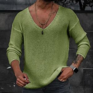 Men Spring V Neck Rib Bottoming T-shirts Pullover Autumn Long Sleeve Slim Fit Tees Tops Simple Casual Plain Thin Knit Shirt 240315