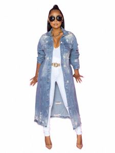 cm.yaya Women Vintage Denim Coats Hole Single Breasted Turn-down Collar Maxi Trench 2024 Fi Streetwear Blue Jean Jackets k9Et#