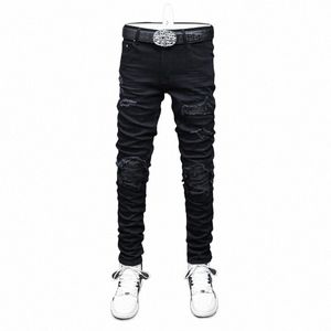 street Fi Men Jeans Black Elastic Skinny Fit Trousers Ripped Jeans Men Leather Patched Designer Hip Hop Brand Pants Hombre h8l8#