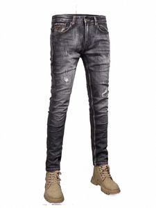 Nyligen vintage fi män jeans retro blackgray stretch elastisk smal rippad jeans män broderi lapped designer denim byxor m1ut#