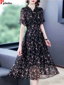 Överdimensionerad 6xl Chiffon Floral Midi Dress Women Summer Boho Robe Elegant Short/Long Sleeve Vestidos Korean Ruffle Neck Dresses 240321