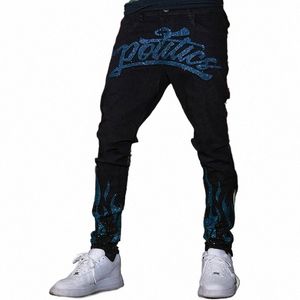 FI Herr Black Stretch Skinny Hole Jeans Designer Högkvalitativ motorcykelbyxor Street Denim Rhineste Pencil Pants Y2K C1RU#