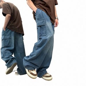 Män jeans Loose Straight Wide Leg Denim Pants Men's Hip Hop Streetwear Skateboard Neutral Denim Trousers Mop Cargo Jeans C3wt#