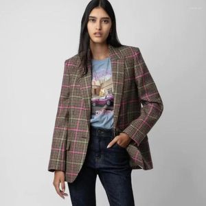 Abiti da donna 2024 Blazer a quadri in lana Vow in colletto a punta pied de poule strutturato marrone castagna e rosa con tasche con patta