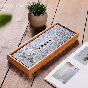 Tea Trays Natural Bamboo Double Layer Black Stone Tray Rectangular Water Storage Small Chinese Ceremony Accessories