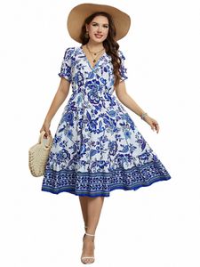 bästsäljande sommar kvinnlig kort ärm elegant plus size midi dr sexig djup v uppfriskande kläder polyester casual kläder b787#