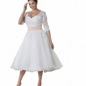 waist Half Sleeve V-neck Lace Applique Wedding Dr Short Bridal Dr Tea Length Customizable Color z32u#