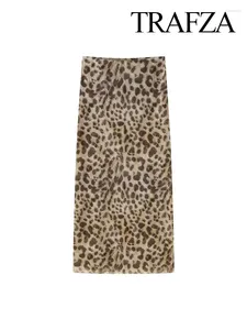 Vestidos de trabalho trafza 2024 primavera sexy leopardo impressão saias vintage para mulheres a linha cintura alta magro elegante bottoms causal feminino chique