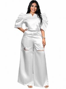 ontinva Women Trendy White Two Pieces Set Puff Sleeve Crop Top High Waist Wide Leg Pant Set Street Wear Suit Plus Size 2024 New n5CF#