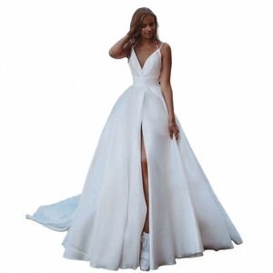 semplice abito da sposa in raso Dr sexy con scollo a V maniche senza spalline A-Line lato alto spacco aperto indietro abito da sposa su misura Z5JF #