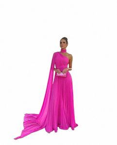Elegante LG Chiff Hot Pink Abendkleider mit Cape A-Linie Halter Plissee bodenlangen Abschlussball formelle Party Dr für Frauen U0md #