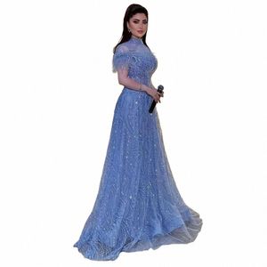 Serene Hill 2024 Azul árabe uma linha de mangas curtas de luxo de luxo dres de penas de miçangas para mulheres festas de casamento LA72351 h5nk#