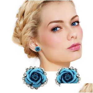 Stud Selling Romantic Love Rose Earrings Womens Diamond Red Blue Valentines Day Jewelry Drop Delivery Dhnum