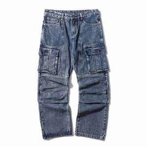 Винтажные мешковатые джинсы-карго Hi Street с несколькими карманами, уличная одежда, прямые джинсовые брюки для мужчин y1iN #