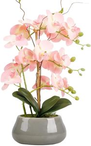 Flores decorativas orquídea branca artificial e vaso de flores phalaenopsis usado para decoração interior de vaso cinza cerâmico