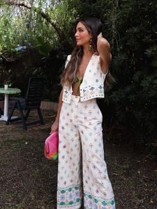 Foridol 2 PCS Pantolon Kadın Set Kıyafetleri Sonbahar Keten Pamuklu Baskılı Boho Vestanlar Geniş Bacak Uzun Cepleri Vintage 240321