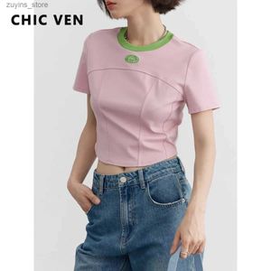 Koszulka damska Chic Ven Wen Women Tees Korean Mash Contrast Dekolt krótki rękawa Split Short Woman T-shirt żeńska Top Summer 202324329