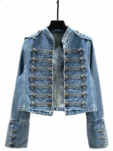 luxury Double Breasted Butt Decors Denim Coat Lg Sleeve Patchwork Outwears Jeans Jackets Vintage Cardigan Streetwear Abrigos V4SJ#