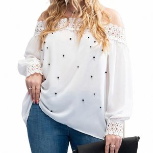 plus Size Women T-shirt Autumn New Off-shoulder Bead Loose Top Fi Casual Large Size Female Solid Color Elegant Blouse T3Cg#