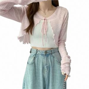 Summer Thin Ytterkläder Sun Protecti Cardigan Ice Silk Knit Women Topps Bow spetsar upp kort hängdikt kjol sjal luftbar skjorta c6kz#