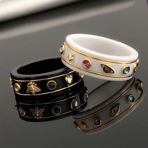 Luxury Designer Women Band Ring Black white Ceramic Rings with diamonds Heart Star pink stone Bee 316L stainless steel couple rings wedding jewelry girl lady party