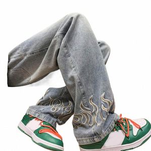 Männer Casual Jeans Flamme Stickerei Gerade Breites Bein Design Hosen High Street Große Taschen Lg Hosen Jugend Baggy Denim Hosen y8mJ #