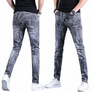 Spring Autumn Boyfriend LG Skinny Jeans Man Korean FI Designer Kpop Punk Star Print Denim Luxury Stretch Tight Pants Men F852#