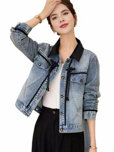Novo 2024 primavera denim casaco e jaqueta feminina retalhos cor estilo chinês gravata lg manga azul jeans jaquetas outwear g1df #