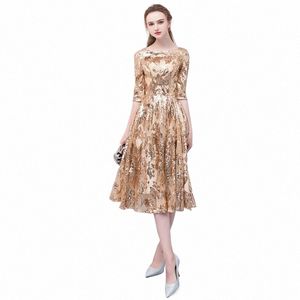 Lanmu Gold paljetter Evening Party Dr Soiree O-Neck Slim midja A-Line Vestidos 2024 New Vestido de Festa Prom Dres A1ha#