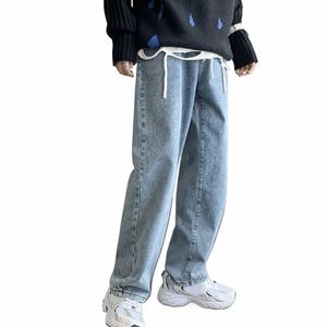 Män löser rakt fit wide ben jeans Mid-Rise Butt dragkedja flugfickor Casual denimbyxor Blue Jeans Streetwear N0A4#