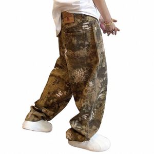 Mens Casual Pants Fible Trendy Y2K High Street Hip-Hop Retro Snake Mönster Löst Jeans 2024 Spring and Autumn New Style V1D3#