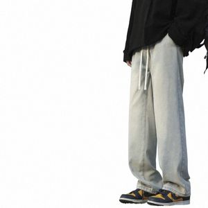 Homem nova primavera cintura elástica baggy jeans coreano denim calças largas perna fi high street masculino roupas de marca vintage azul 47cQ #