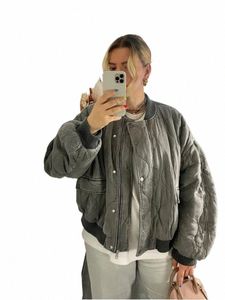 Kvinnor Gray Cott Bomber Jacketrock Löst O-Neck LG Sleeve Casual Thicken Outwear Autumn Winter Fi Female Streetwear F9aw#