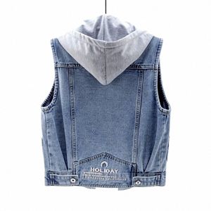 FI Hooded Denim Waistcoat Women 2021 New Spring Autumn Big Pocket Sleevel Jean Jackets Outwear Vest M2LU#