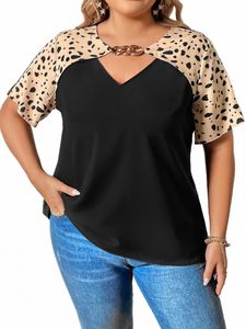 plus Size V Neck Cut Out Women Top Tee Metallic Ring Color Block Female Blouse Short Sleeve Summer Autumn Fall Clothing 26KI#