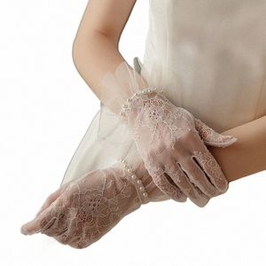 wg048 Exquisite Wedding Bridal Short White Lace Gloves Pearls Ruffle Edge Women Ladies Bride Bridesmaid Finger Wrist Handschuh 16aR#