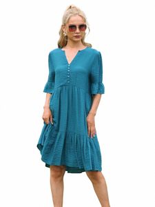 II 2023 Spring Summer Women Short Sleeve Tunic Ruffle Dr Solid Color Casual Split V Neck Dres Loose Swing Mini Dr X3oc#