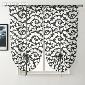 Short Kitchen Curtain Modern Window Treatment Tie up Balloon Home Textile Sheer Panel Tulle White Black Jacquard 240322