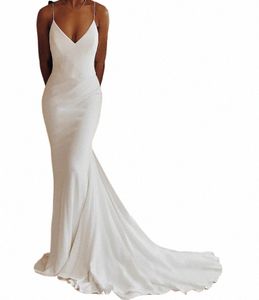 moderno semplice raso da sposa Dr scollo a V senza spalline Backl formale piega da sposa Growns vestido de noiva Sweep Train 2024 E1kR #