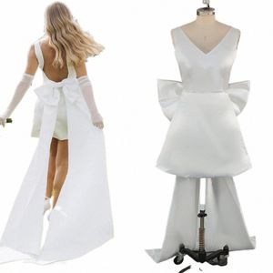 corto mini abito da sposa in raso con scollo a V grande fiocco su misura Plus Size aperto sul retro Backl Drop Ship sopra il ginocchio lunghezza matrimonio Dr N69O #