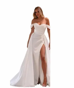 Dr da sposa in raso opaco con spacco alto e scollo scoperto Corpetto increspato incrociato Personalizza su misura Robe Mariee C4No #