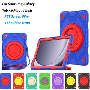 HANTERA GRIP ARMOR-FALL för Samsung Galaxy Tab A9 Plus 11 tum A9 + 360 Roterande stativ Cover 3-i-1 Hybrid Rugged Protection Product Case + Screen Pet Film Shoul Strap