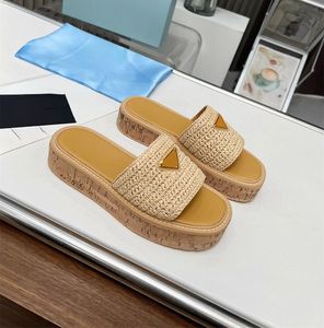 Womens straw grass slippers high heels thick platform summer beach brown designer shoes women luxury designer crochet vintage casual vintage shoe