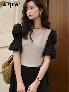 Women's T-Shirt MISHOW Womens Short Sleeved T-shirts 2023 Summer French Slim Fit O-Neck Puff Sleeve Contrast Panel Tops Office Lady MXC35T003524329