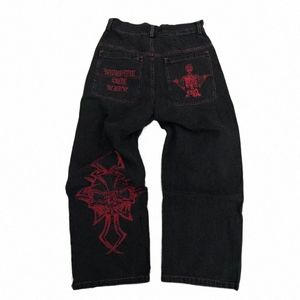 Y2K JEANS FOR MEN HIP HOP VINTAGE SKOULL EMBROIDERYバギージーンズ新しいストレートカジュアルルーズワイドレッグズボンストリートウェアマンパンツV815＃