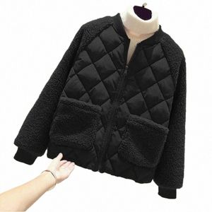 Ny Loose Lmitati Lamb Wool Cott Jacket Thin Light Down Cott Jacket Female Short Coat Autumn Winter Women Splicing Cott K72R#