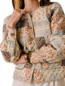 Женская зимняя теплая стеганая куртка Легкая цветочная печать Ретро LG рукава прикладом Парки Повседневная стеганая куртка Уличная одежда Винтаж o2gN #