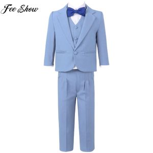 Baby Kids Boy Gentleman Suit 5st Set Blazer Shirt Vest Bow Tie Pants Doping Wedding Birthday Party Formal Clothing 240318